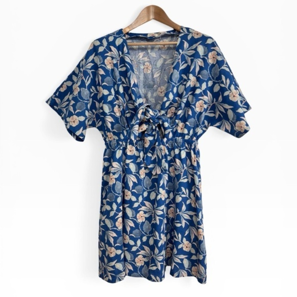 Faherty Floral Tie Front Sundress Blue Cotton Blend Elastic Waist Size Small